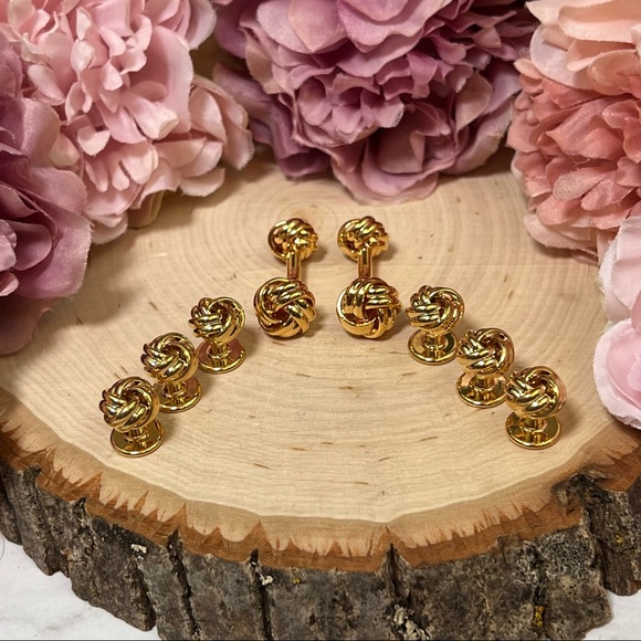 ‘Tying the Knot’ Gold Knotted Cufflinks Tuxedo Studs Formal 8 Pcs Set - Picture 6 of 17